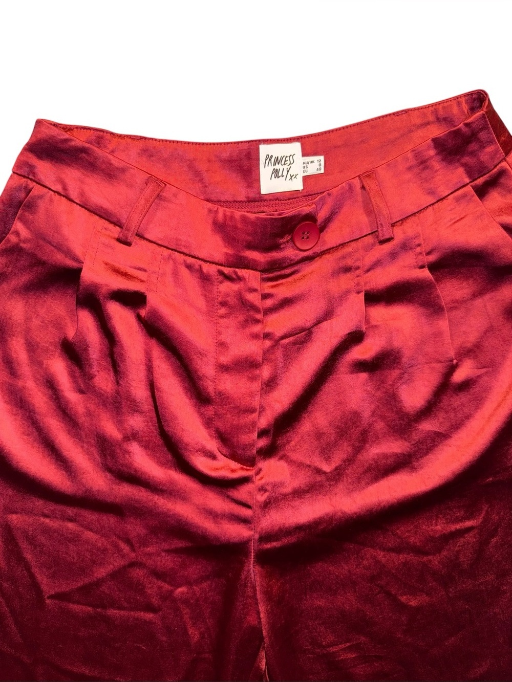 Princess Polly Size 8 Satin Wide-Leg Trouser Pants Red Burgundy Glam Party
